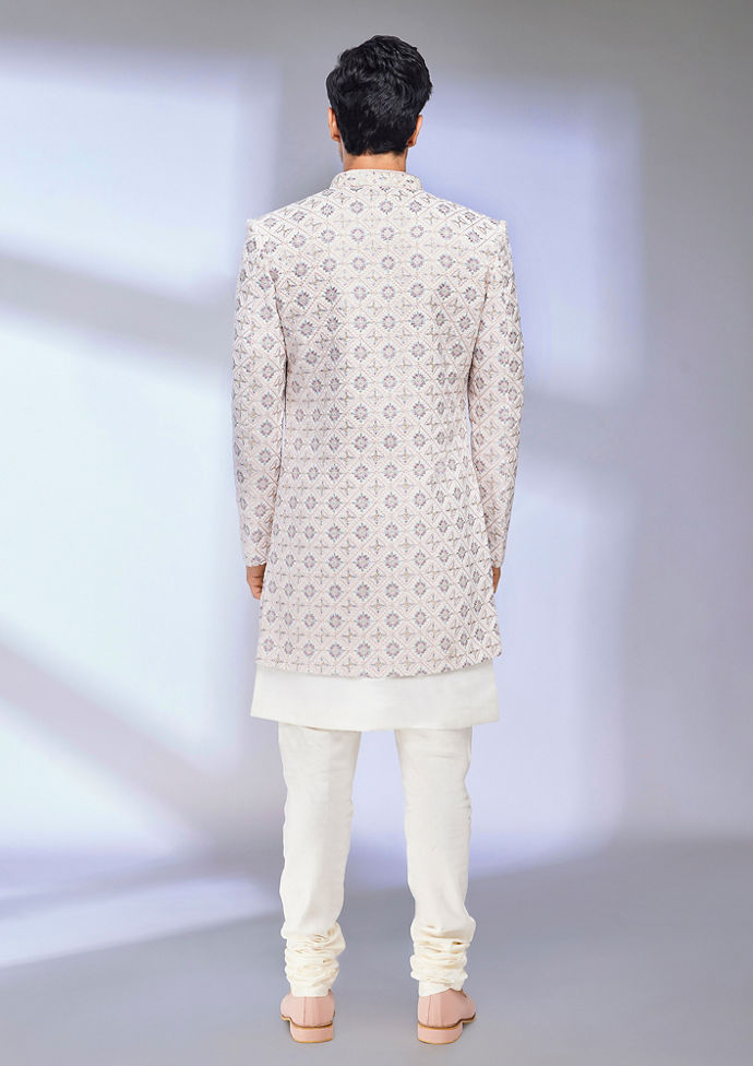 Twamev Men Cream Jaal Patterned Sherwani Set