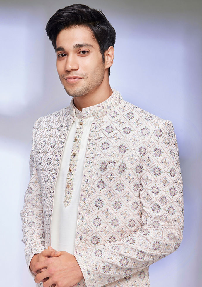 Twamev Men Cream Jaal Patterned Sherwani Set