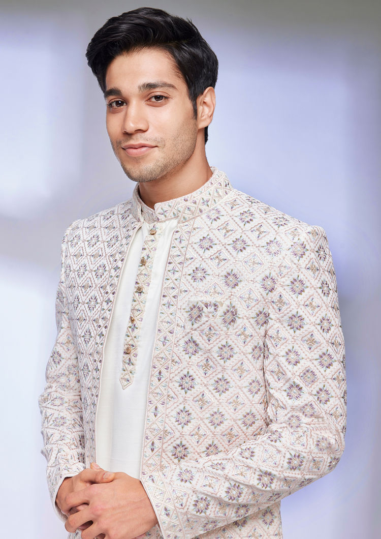 Twamev Men Cream Jaal Patterned Sherwani Set