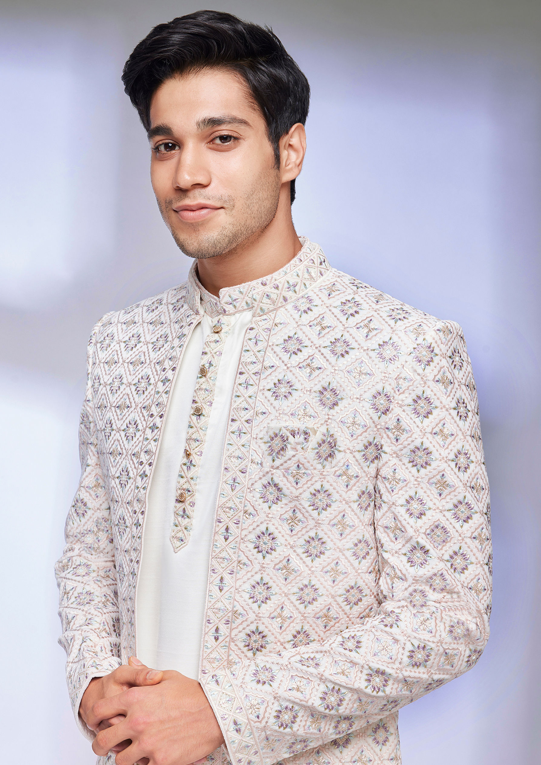 Twamev Men Cream Jaal Patterned Sherwani Set