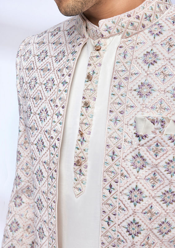 Twamev Men Cream Jaal Patterned Sherwani Set