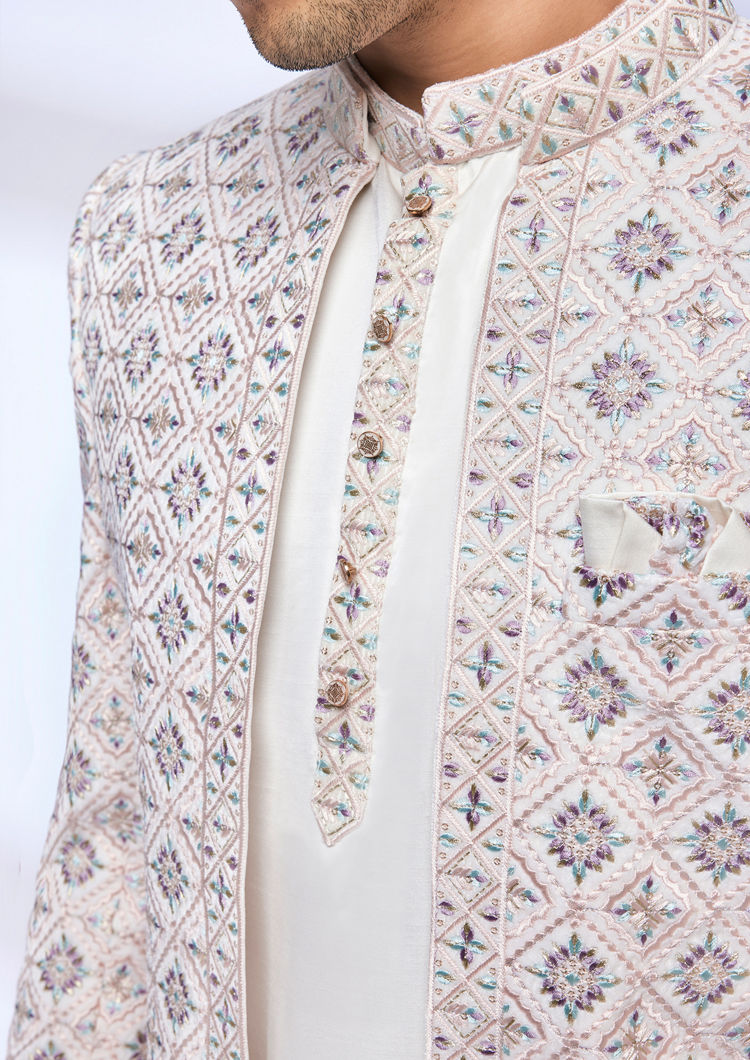 Twamev Men Cream Jaal Patterned Sherwani Set