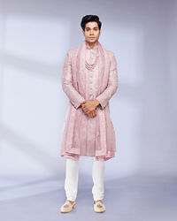 Twamev Men Dusty Pink Bel Buti Patterned Sherwani Set