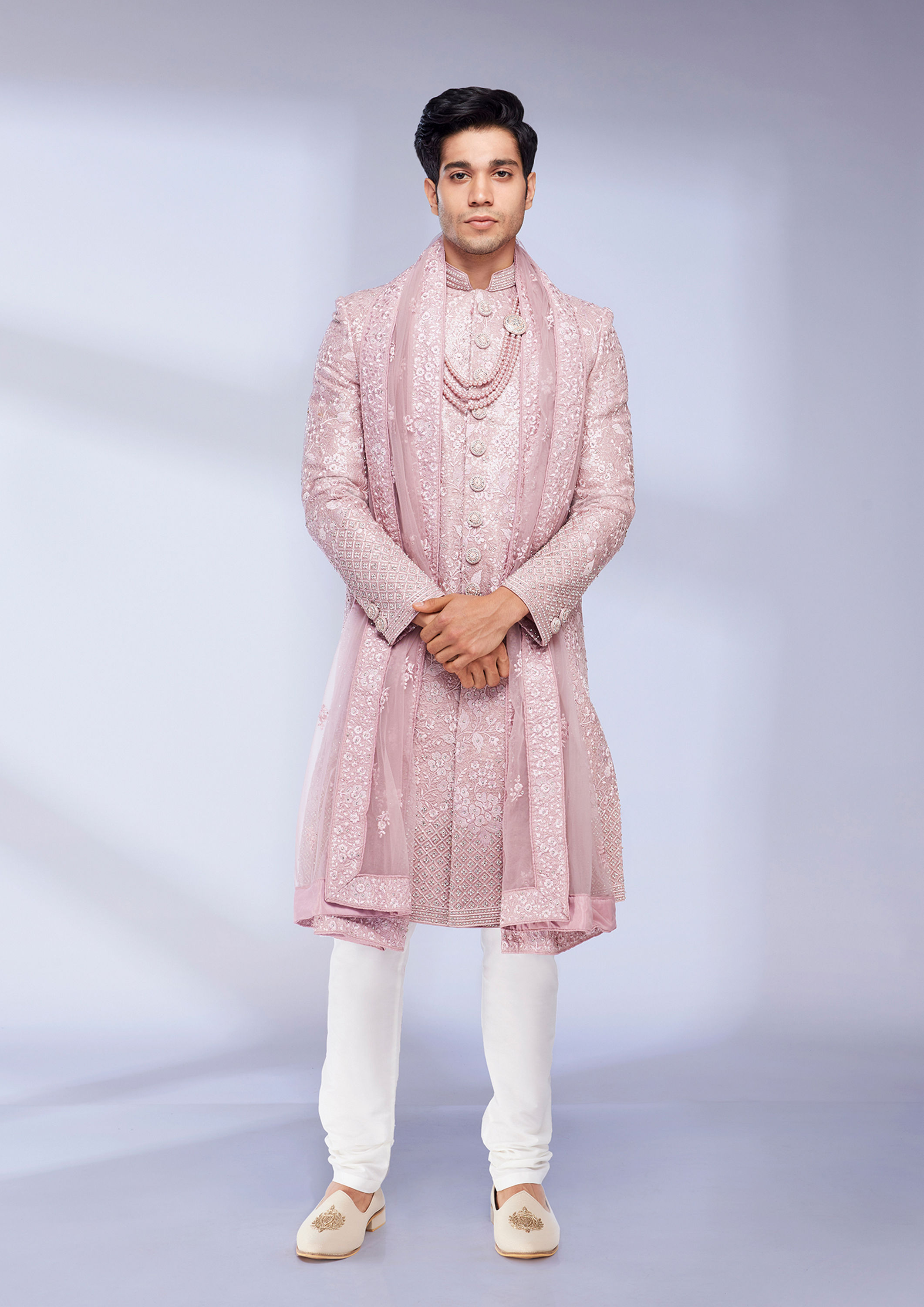 Twamev Men Dusty Pink Bel Buti Patterned Sherwani Set