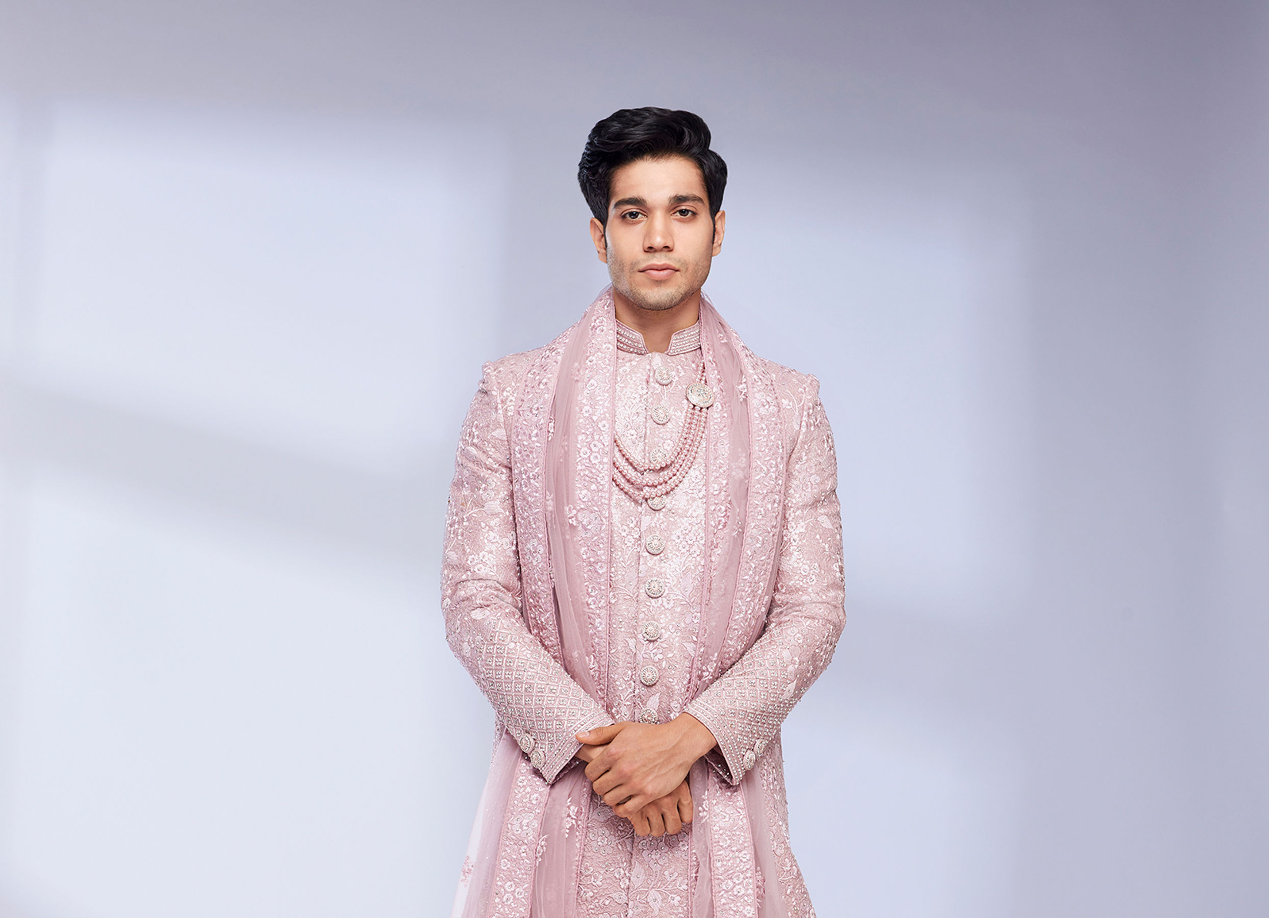 Twamev Men Dusty Pink Bel Buti Patterned Sherwani Set