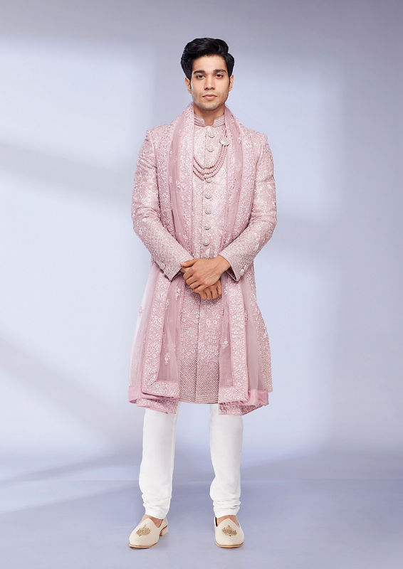 alt message - Twamev Men Dusty Pink Bel Buti Patterned Sherwani Set image number 2