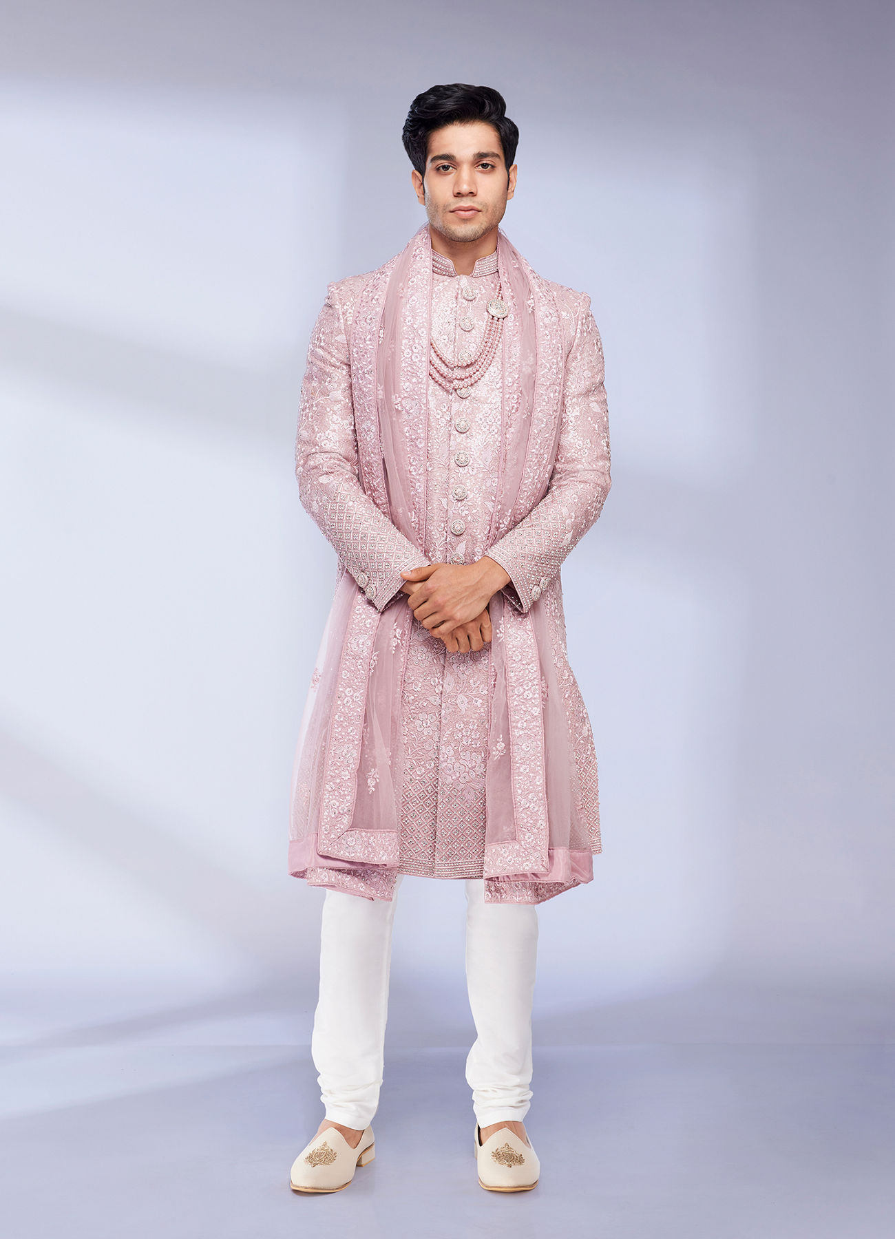 Twamev Men Dusty Pink Bel Buti Patterned Sherwani Set