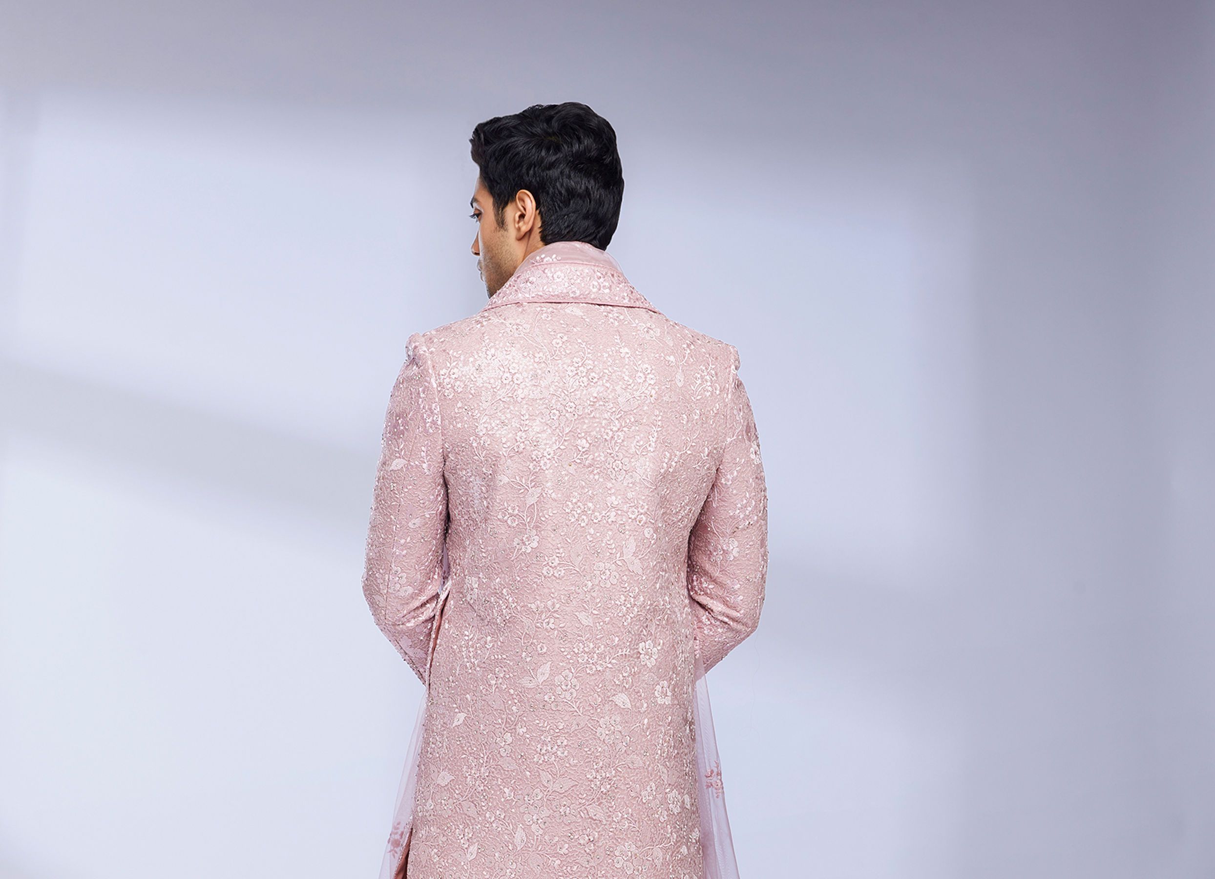 Twamev Men Dusty Pink Bel Buti Patterned Sherwani Set