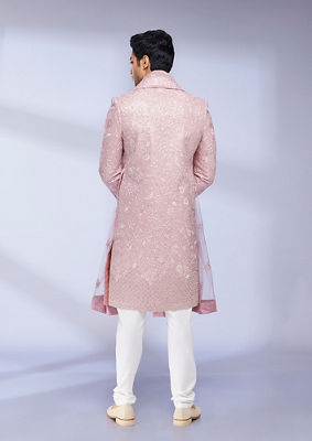 alt message - Twamev Men Dusty Pink Bel Buti Patterned Sherwani Set image number 3