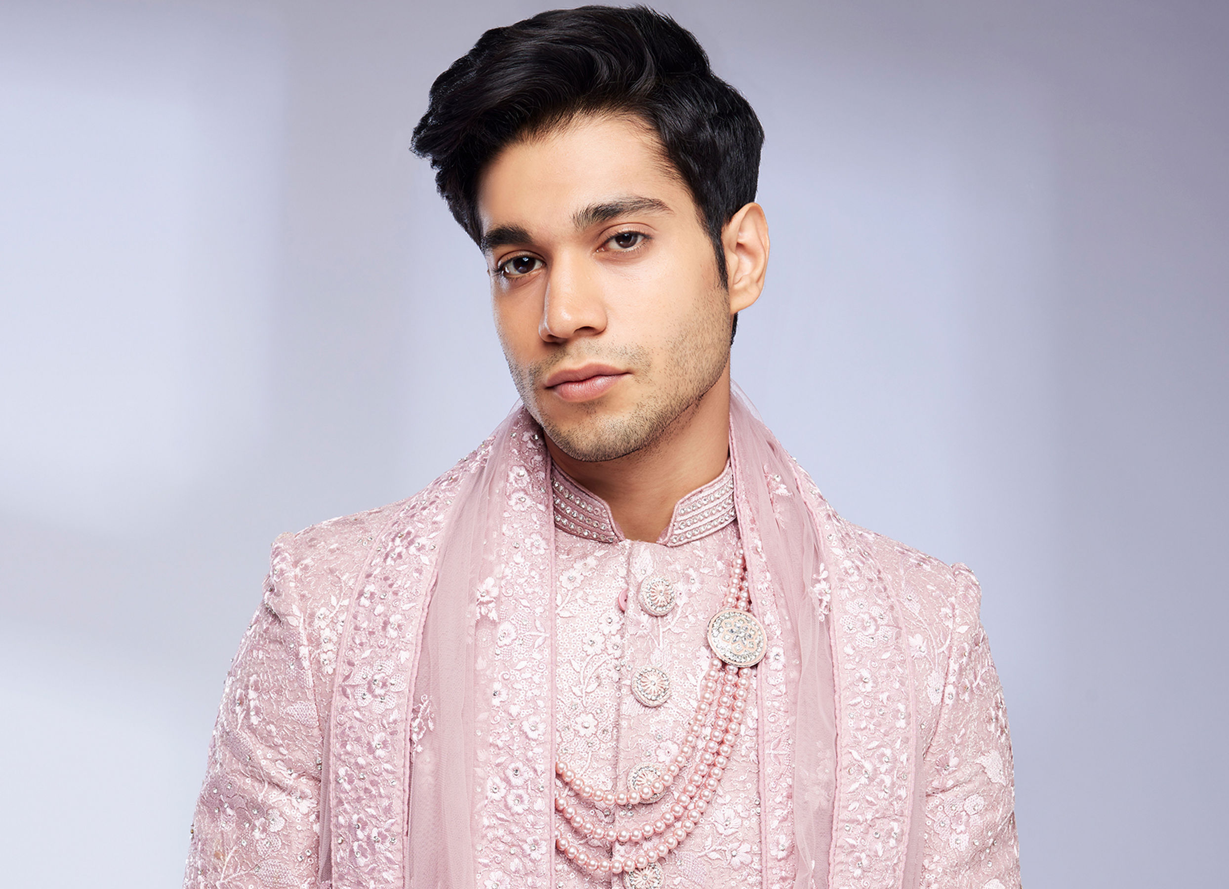 Twamev Men Dusty Pink Bel Buti Patterned Sherwani Set