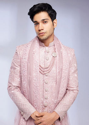 alt message - Twamev Men Dusty Pink Bel Buti Patterned Sherwani Set image number 0