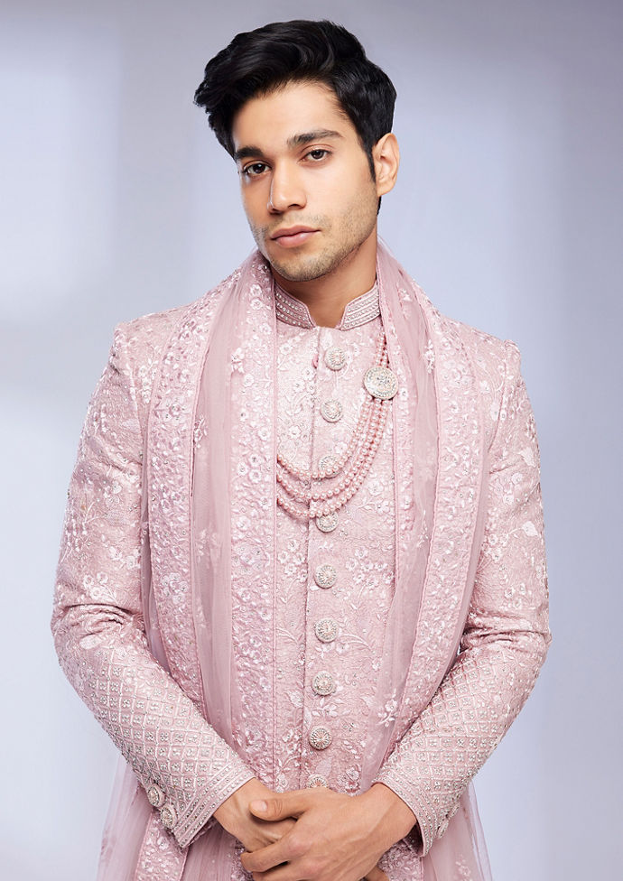 Twamev Men Dusty Pink Bel Buti Patterned Sherwani Set