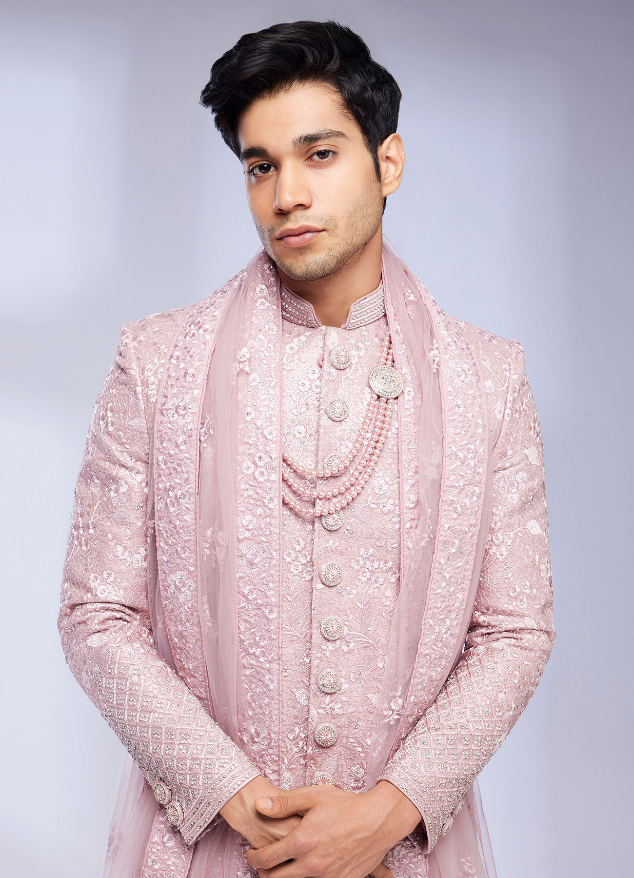 Twamev Men Dusty Pink Bel Buti Patterned Sherwani Set