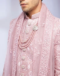 Twamev Men Dusty Pink Bel Buti Patterned Sherwani Set