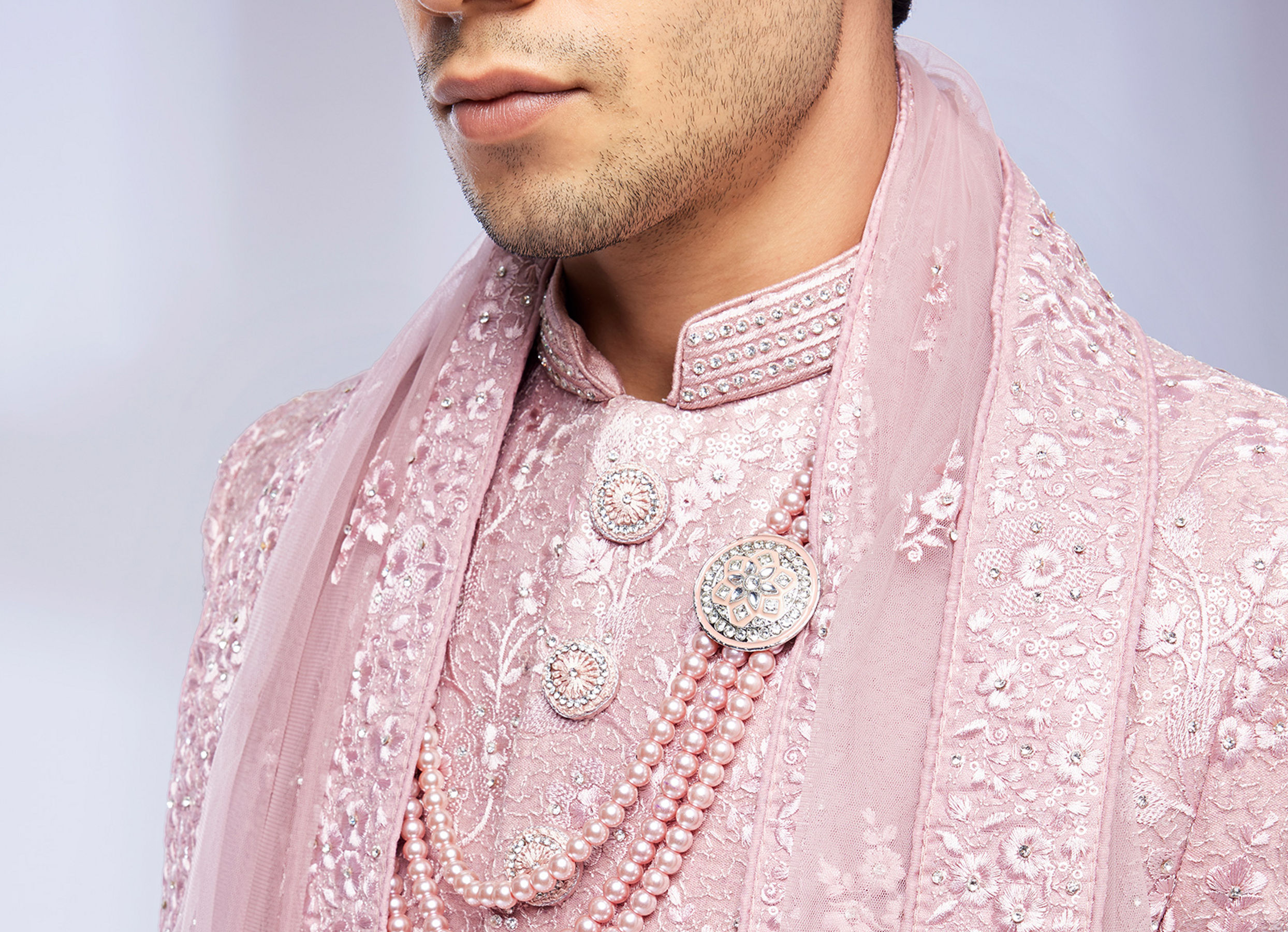 Twamev Men Dusty Pink Bel Buti Patterned Sherwani Set