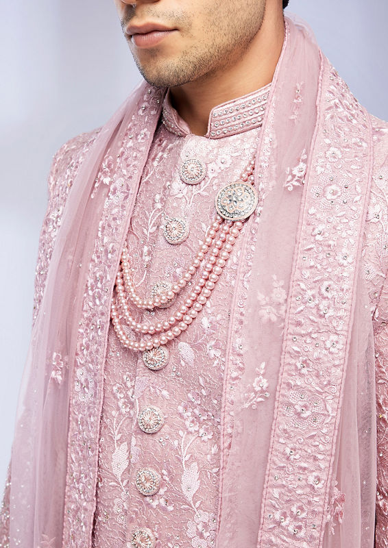 Twamev Men Dusty Pink Bel Buti Patterned Sherwani Set