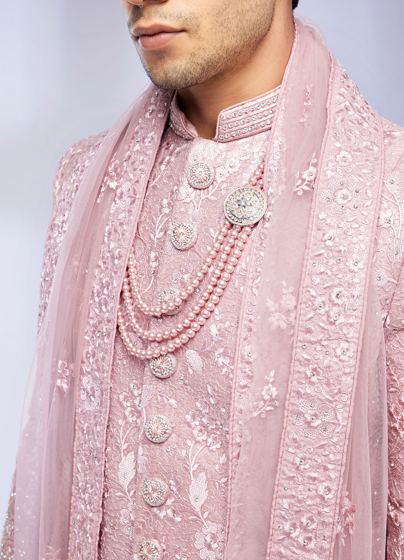 Twamev Men Dusty Pink Bel Buti Patterned Sherwani Set