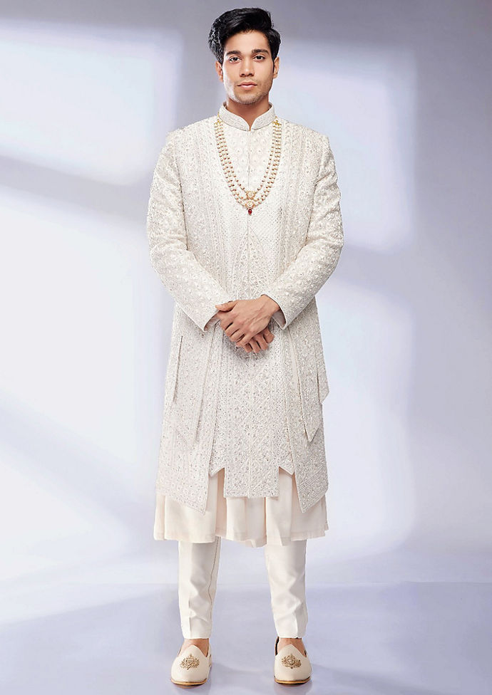 alt message - Twamev Men Elegant Cream Sherwani Ensemble image number 2