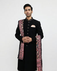 Twamev Men Ebony Black Plain Indo Western Set with Achkan Dupatta