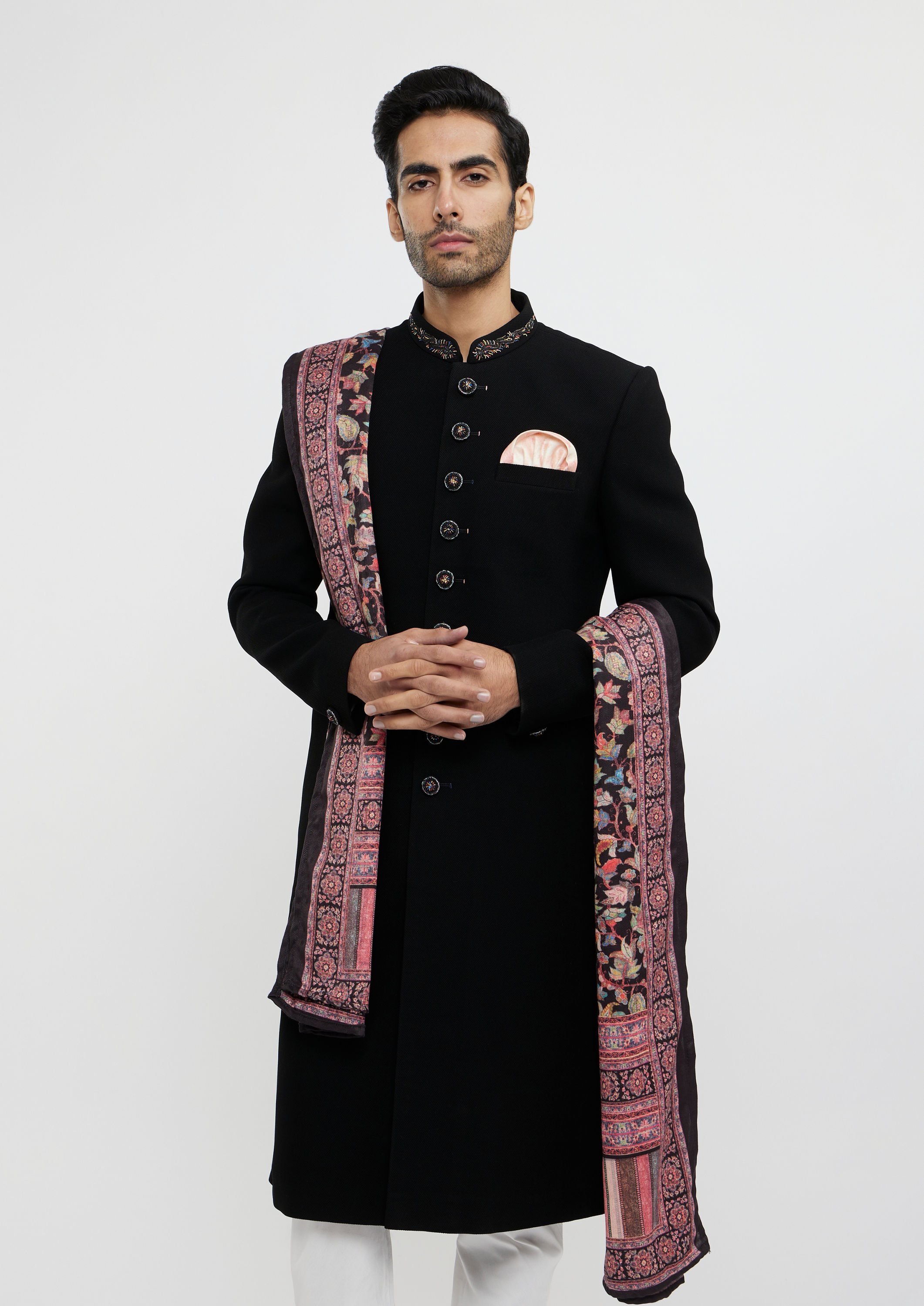 Twamev Men Ebony Black Plain Indo Western Set with Achkan Dupatta