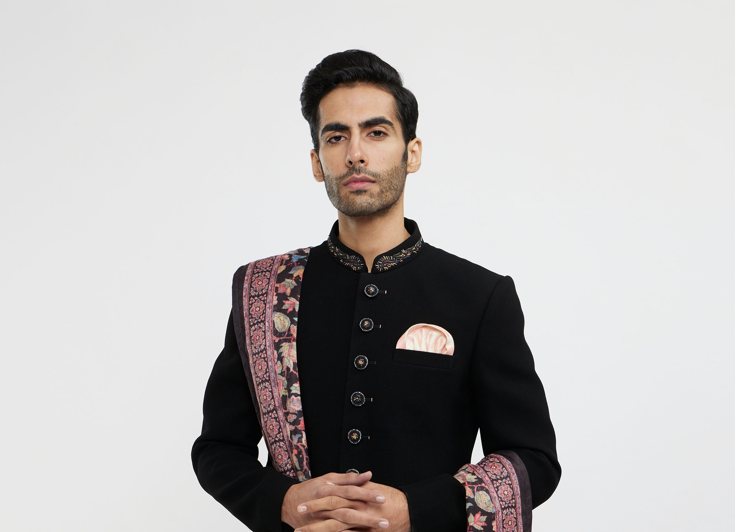 Twamev Men Ebony Black Plain Indo Western Set with Achkan Dupatta