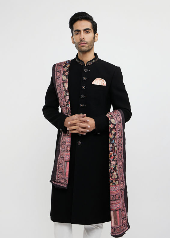 Twamev Men Ebony Black Plain Indo Western Set with Achkan Dupatta