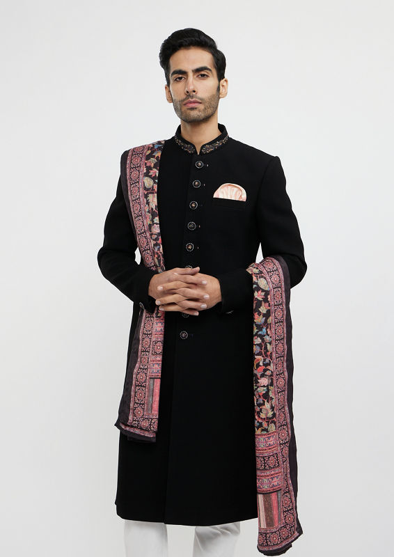 Twamev Men Ebony Black Plain Indo Western Set with Achkan Dupatta