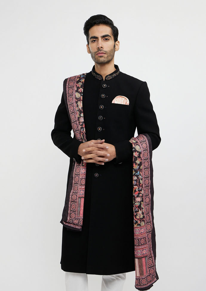 Twamev Men Ebony Black Plain Indo Western Set with Achkan Dupatta