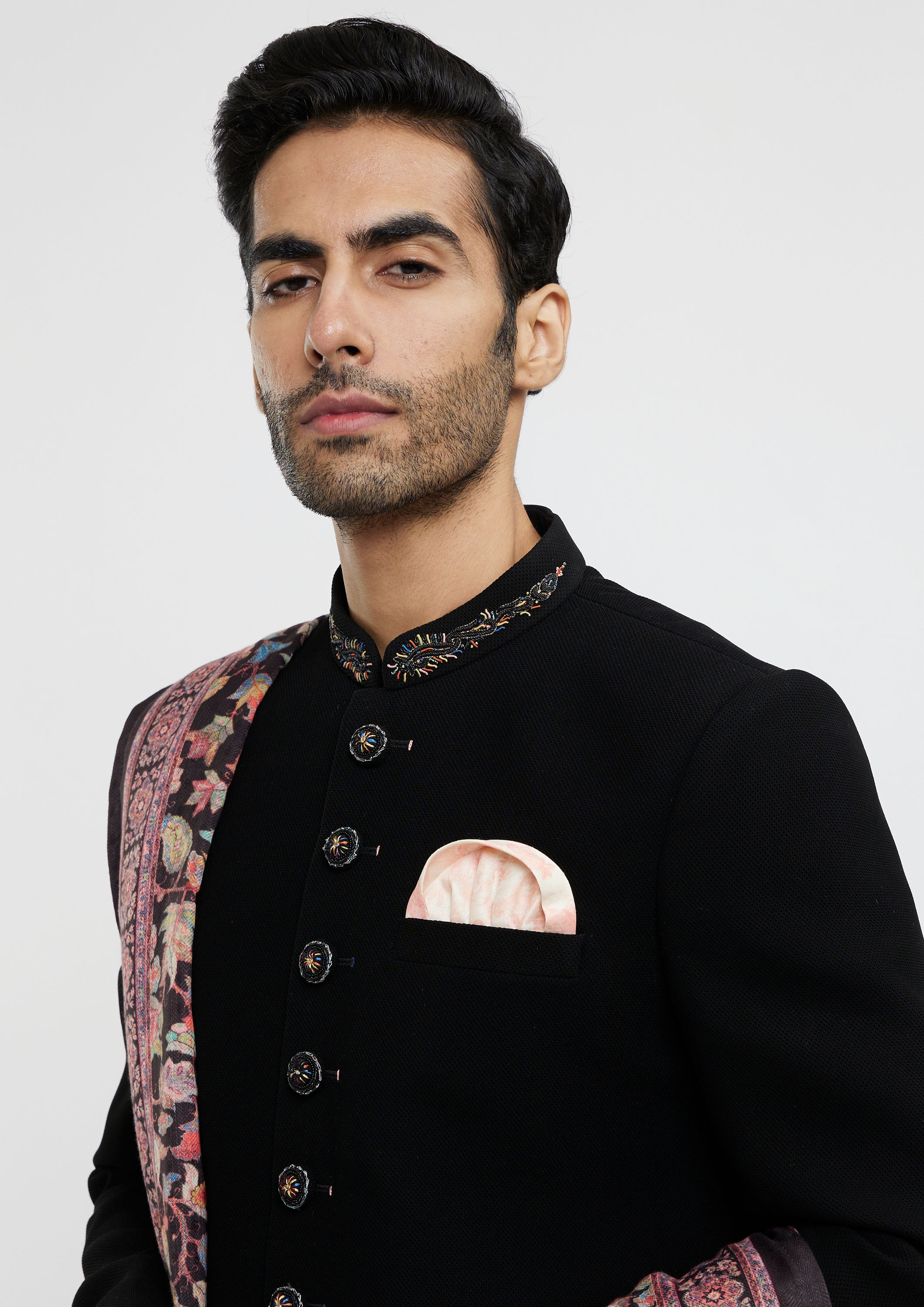 Twamev Men Ebony Black Plain Indo Western Set with Achkan Dupatta