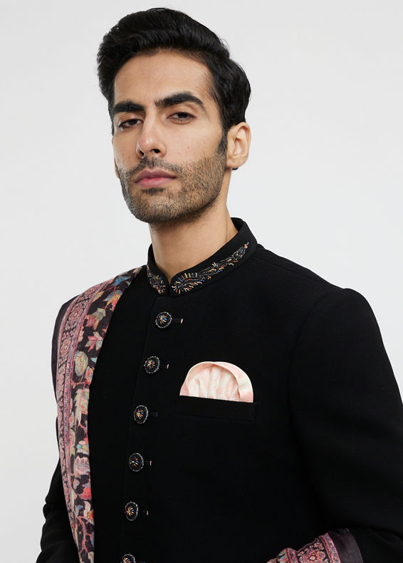 Twamev Men Ebony Black Plain Indo Western Set with Achkan Dupatta