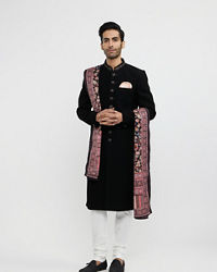 Twamev Men Ebony Black Plain Indo Western Set with Achkan Dupatta