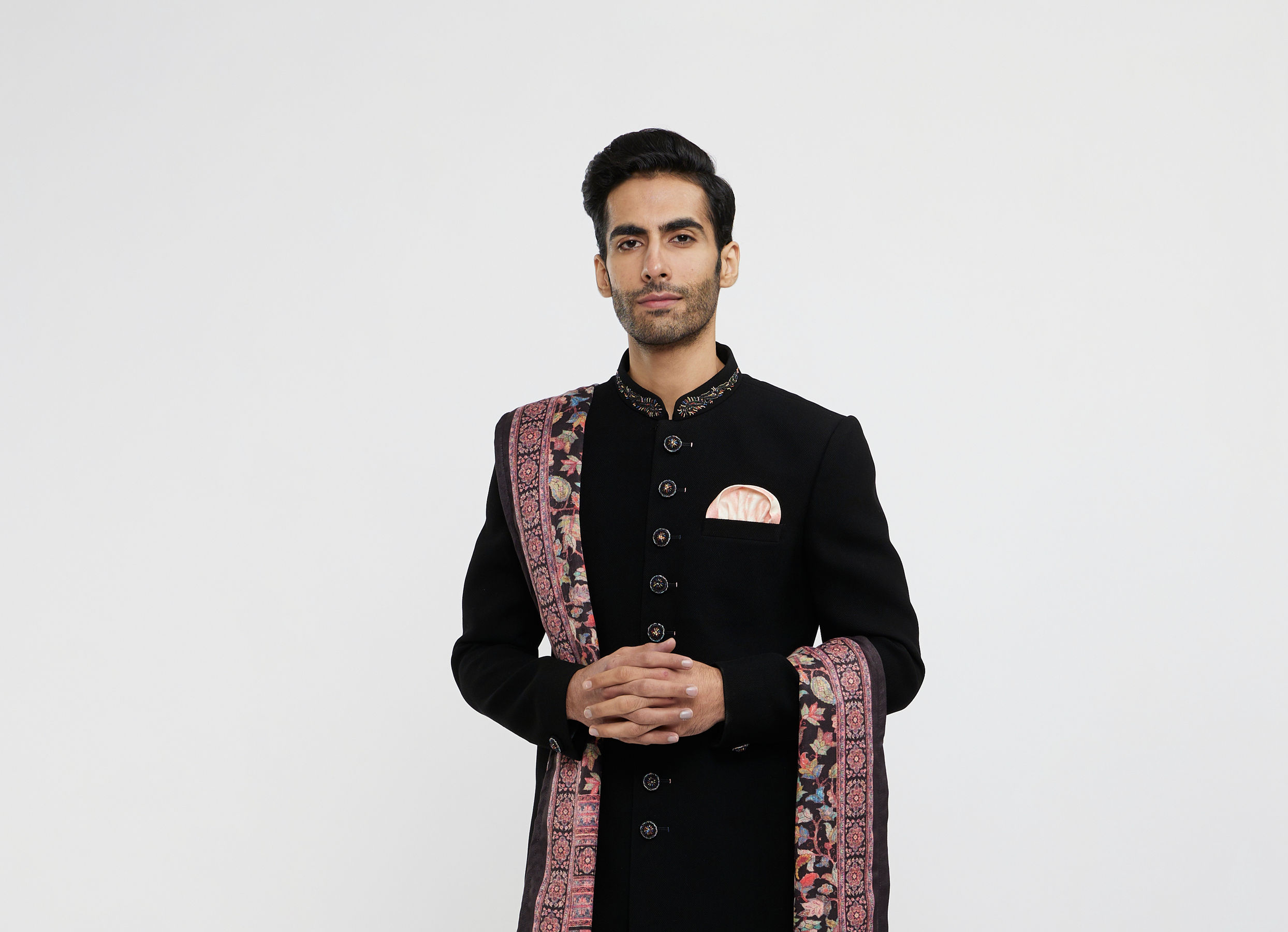 Twamev Men Ebony Black Plain Indo Western Set with Achkan Dupatta