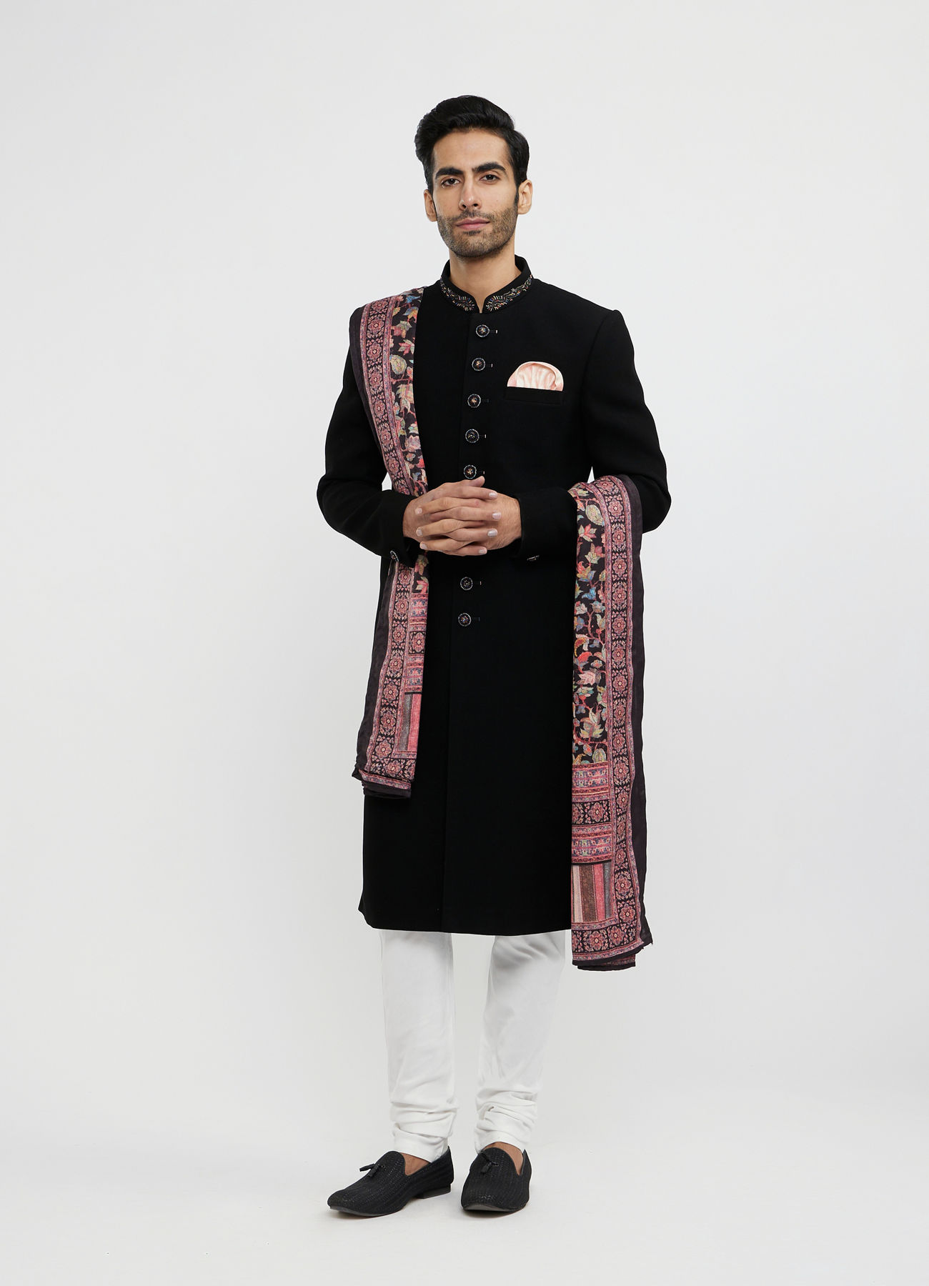 Twamev Men Ebony Black Plain Indo Western Set with Achkan Dupatta