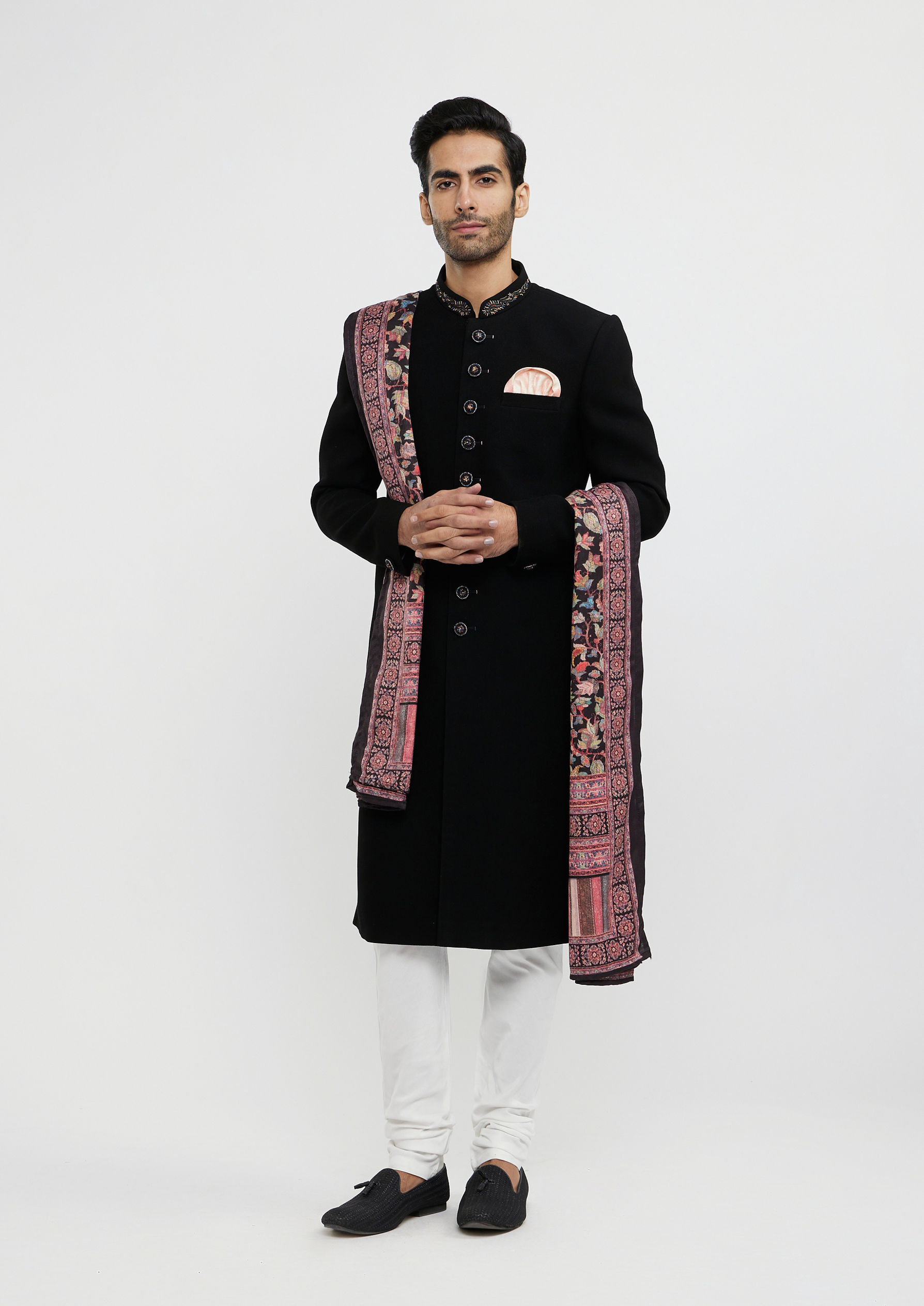 Twamev Men Ebony Black Plain Indo Western Set with Achkan Dupatta