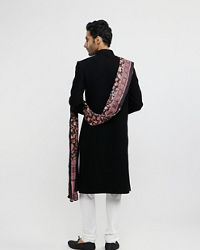 Twamev Men Ebony Black Plain Indo Western Set with Achkan Dupatta