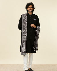 Twamev Men Classic Black Achkan Style Indo Western Set with Kalamkari Printed Stole