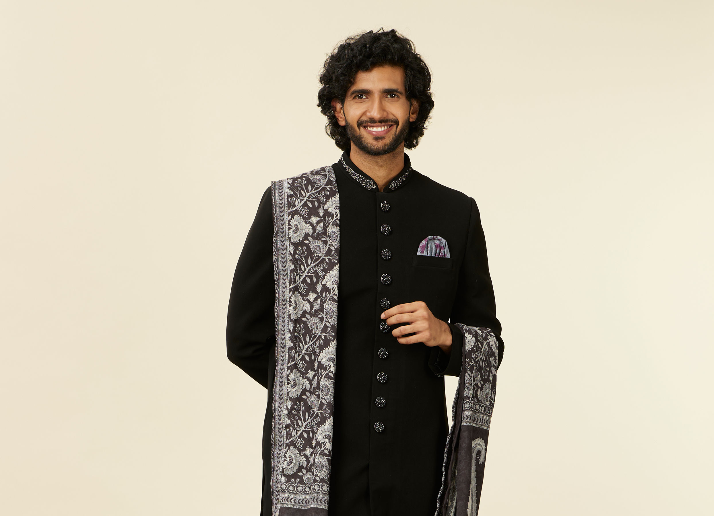 Twamev Men Classic Black Achkan Style Indo Western Set with Kalamkari Printed Stole