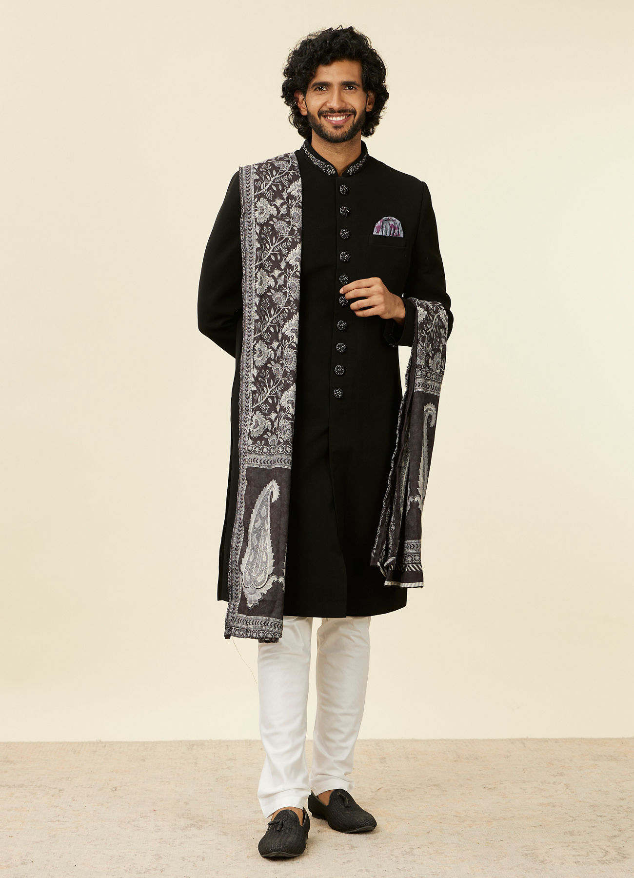 Twamev Men Classic Black Achkan Style Indo Western Set with Kalamkari Printed Stole