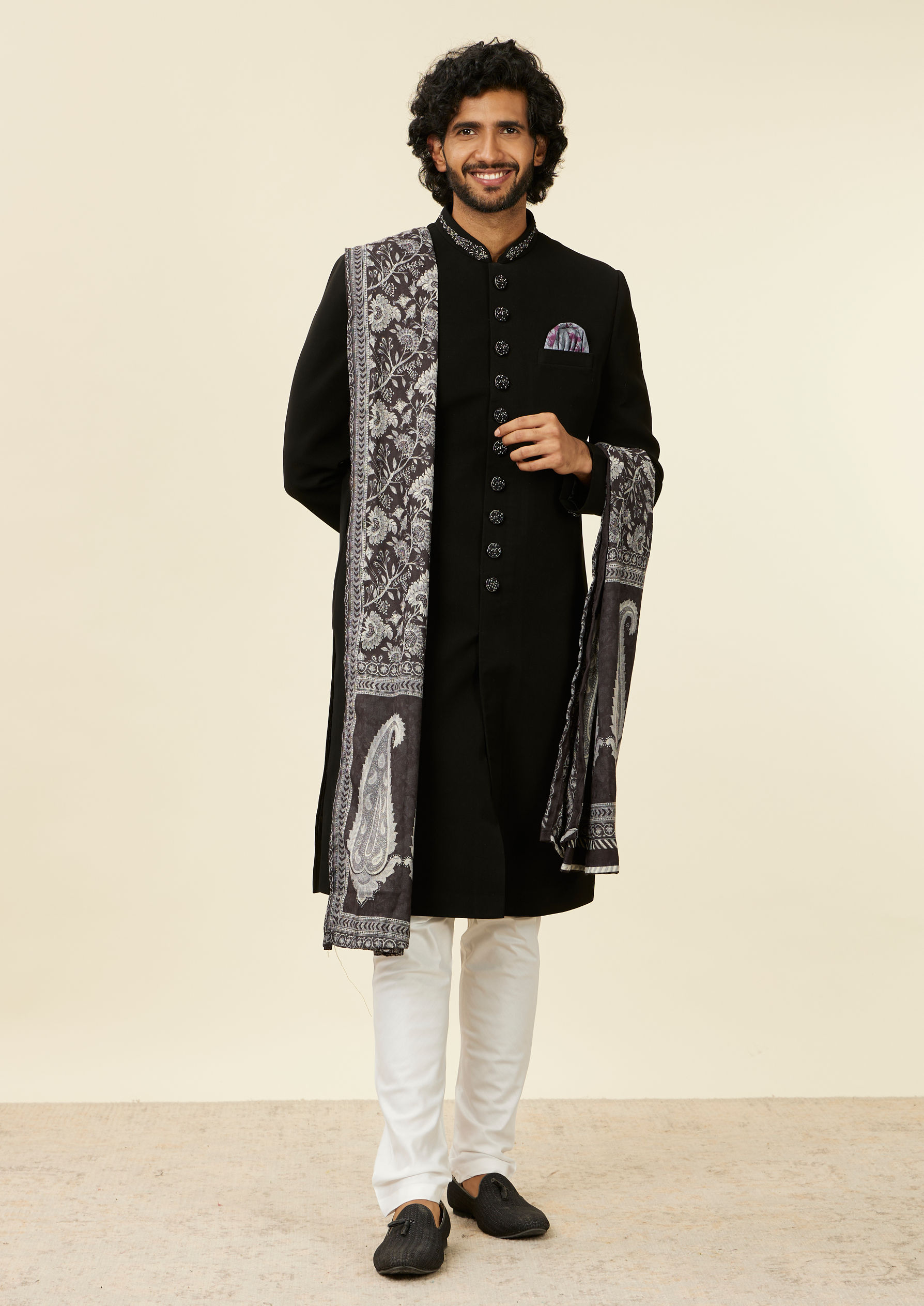 alt message - Twamev Men Classic Black Achkan Style Indo Western Set with Dupatta image number 2