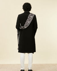 Twamev Men Classic Black Achkan Style Indo Western Set with Kalamkari Printed Stole