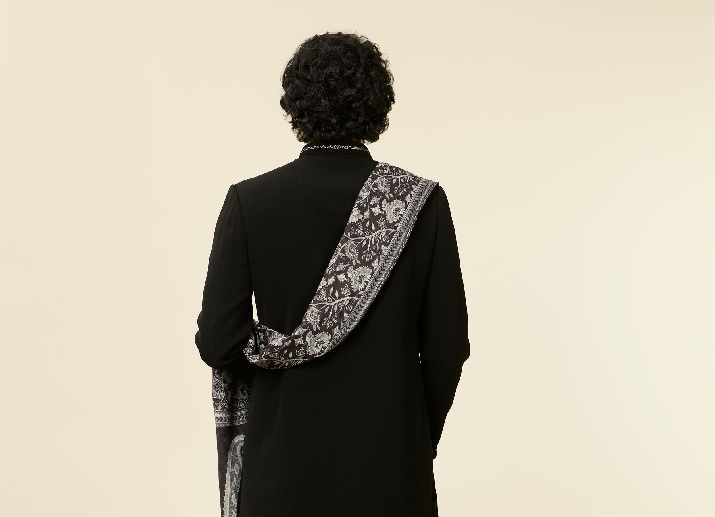 Twamev Men Classic Black Achkan Style Indo Western Set with Kalamkari Printed Stole