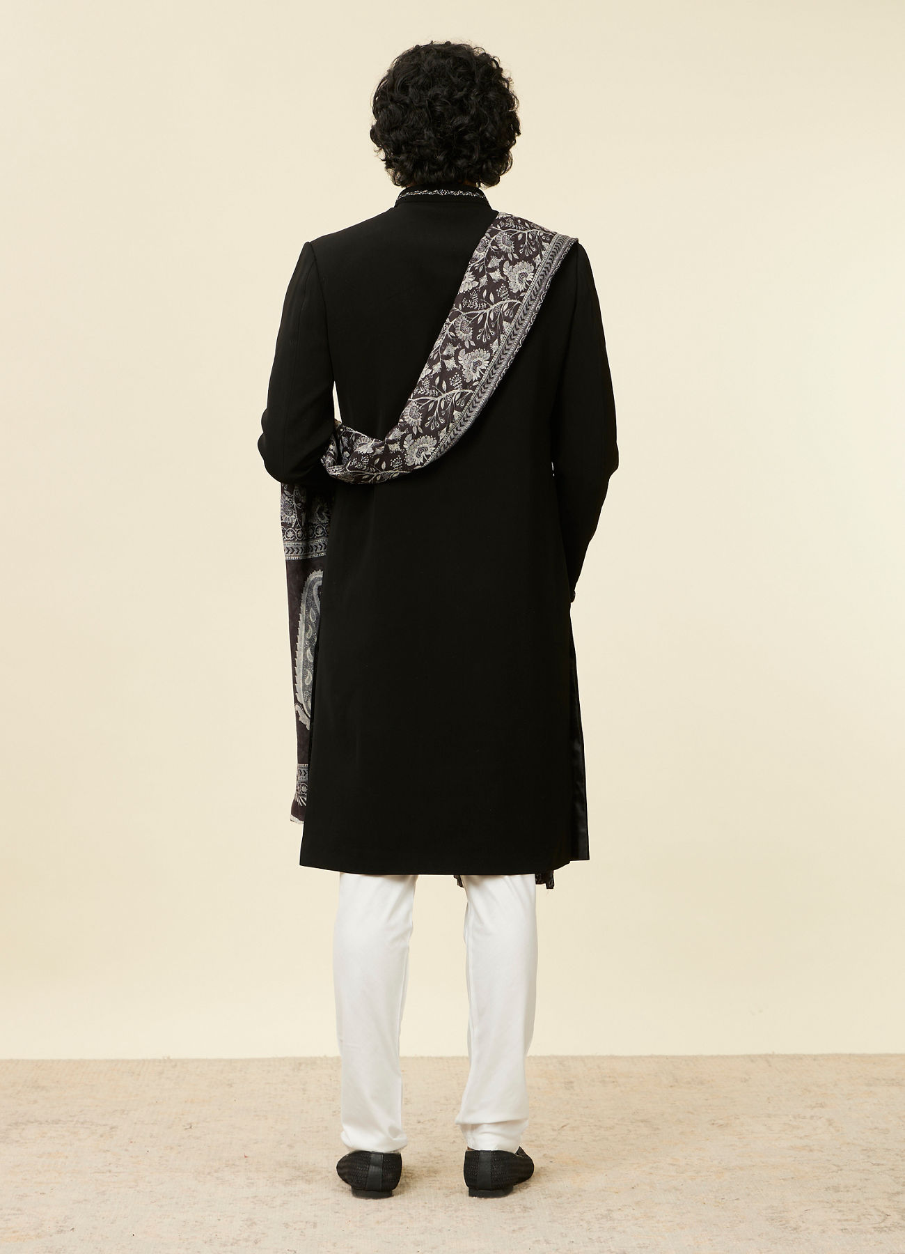Twamev Men Classic Black Achkan Style Indo Western Set with Kalamkari Printed Stole