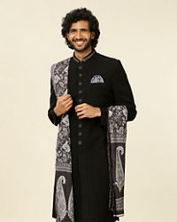 Twamev Men Classic Black Achkan Style Indo Western Set with Kalamkari Printed Stole