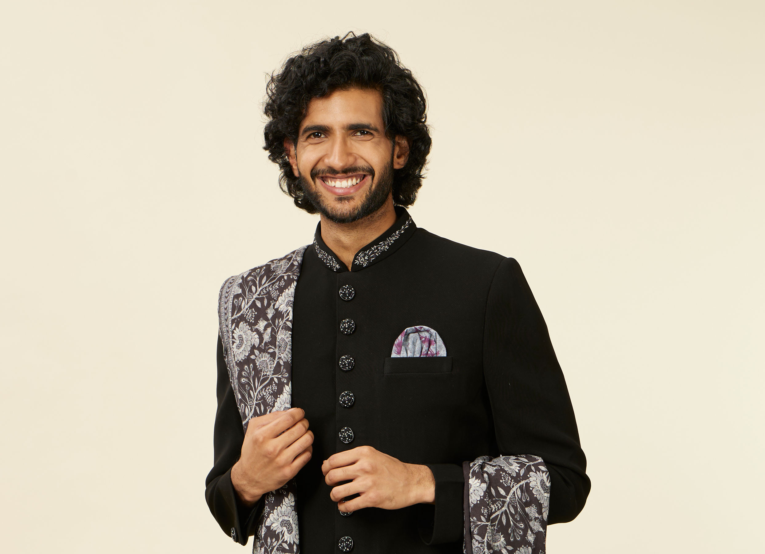 Twamev Men Classic Black Achkan Style Indo Western Set with Kalamkari Printed Stole