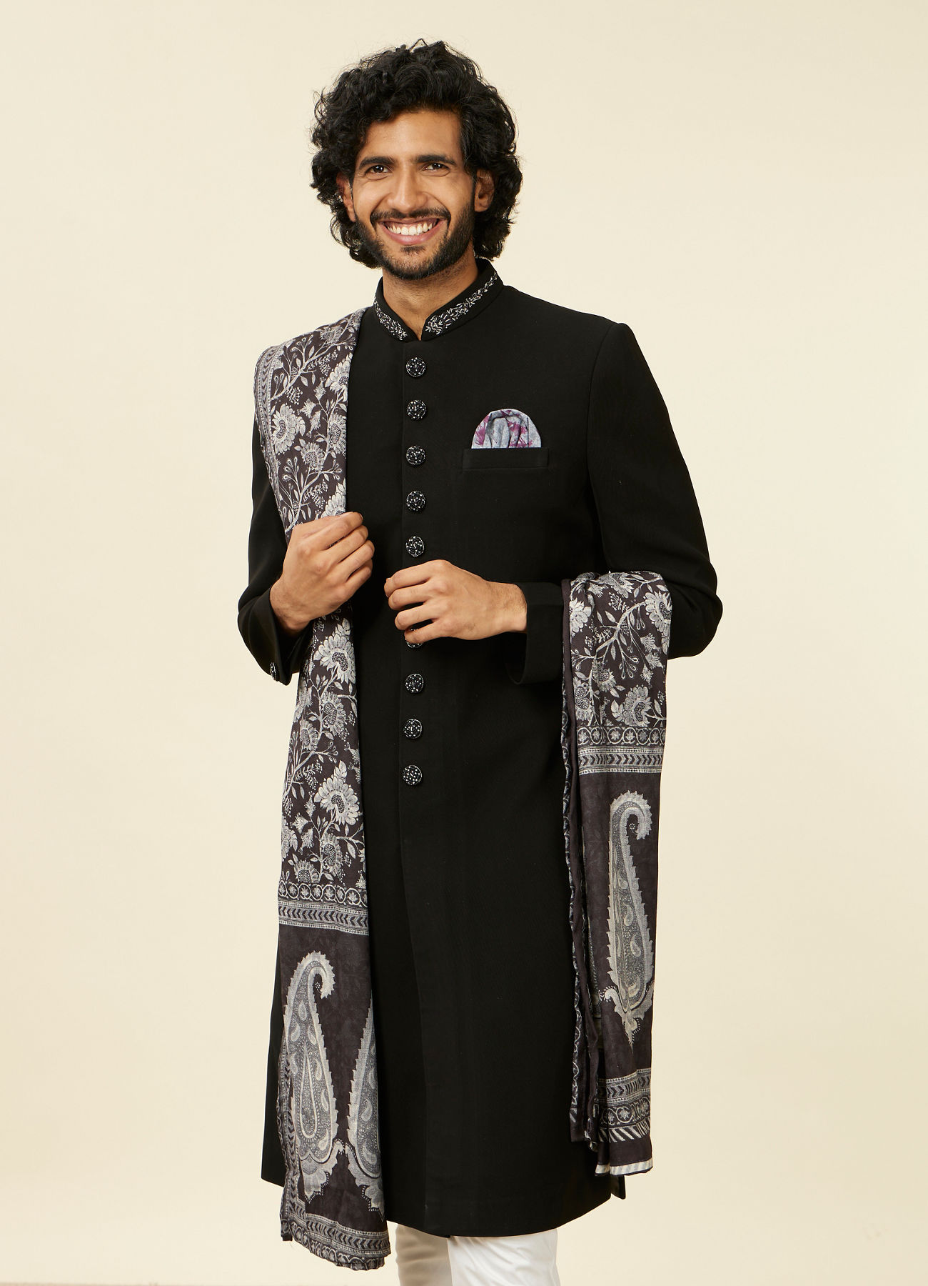 Twamev Men Classic Black Achkan Style Indo Western Set with Kalamkari Printed Stole