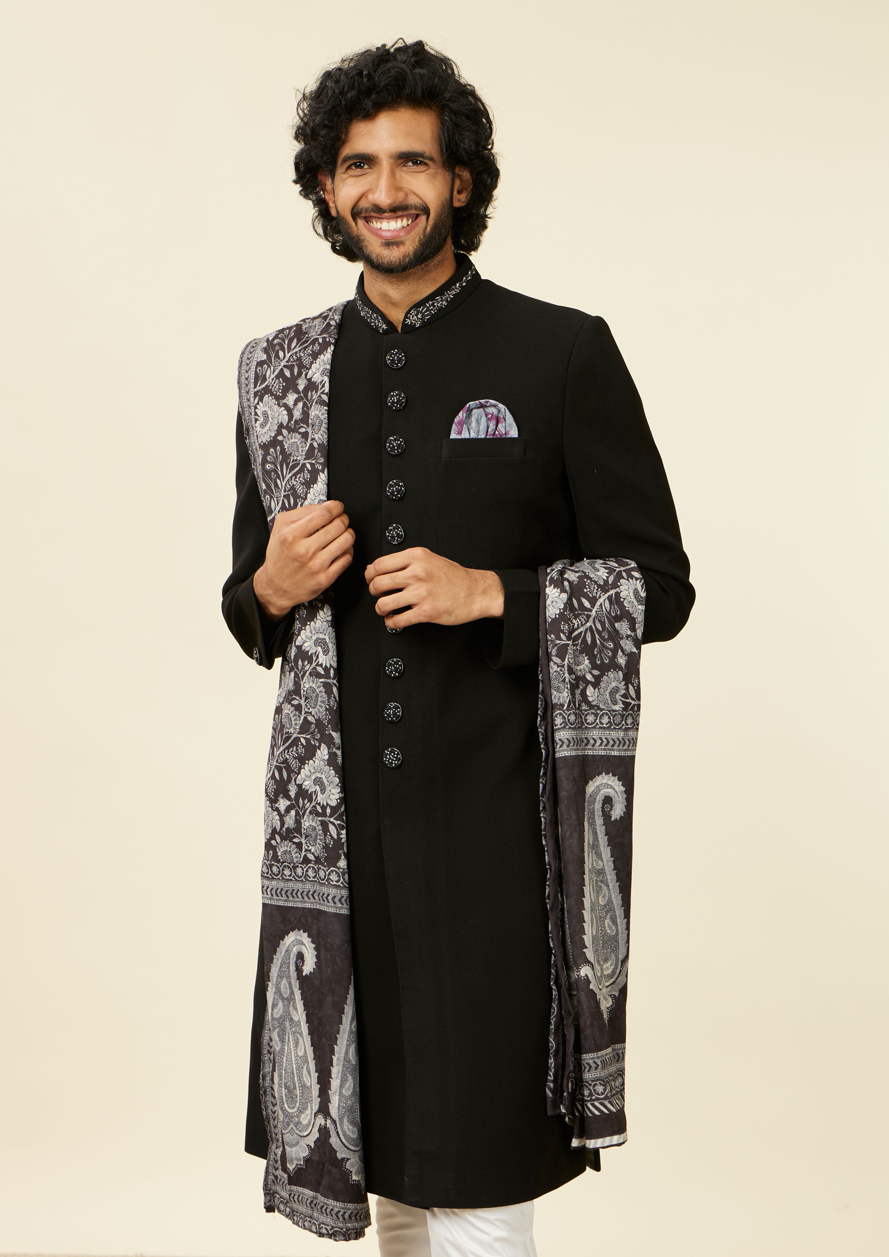 alt message - Twamev Men Classic Black Achkan Style Indo Western Set with Dupatta image number 0