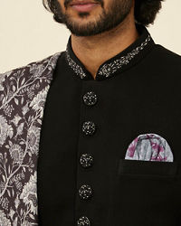 Twamev Men Classic Black Achkan Style Indo Western Set with Kalamkari Printed Stole