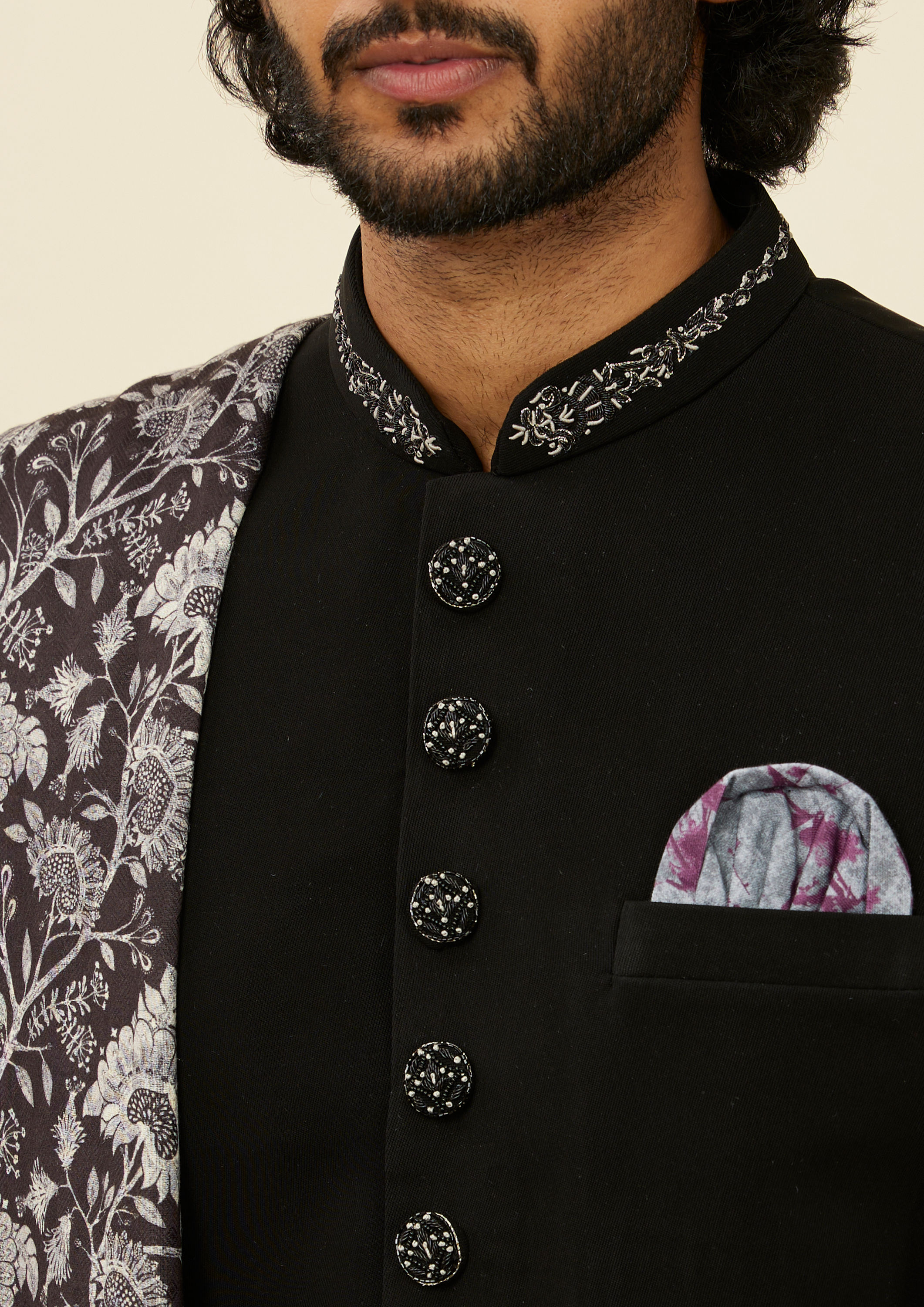 alt message - Twamev Men Classic Black Achkan Style Indo Western Set with Dupatta image number 1