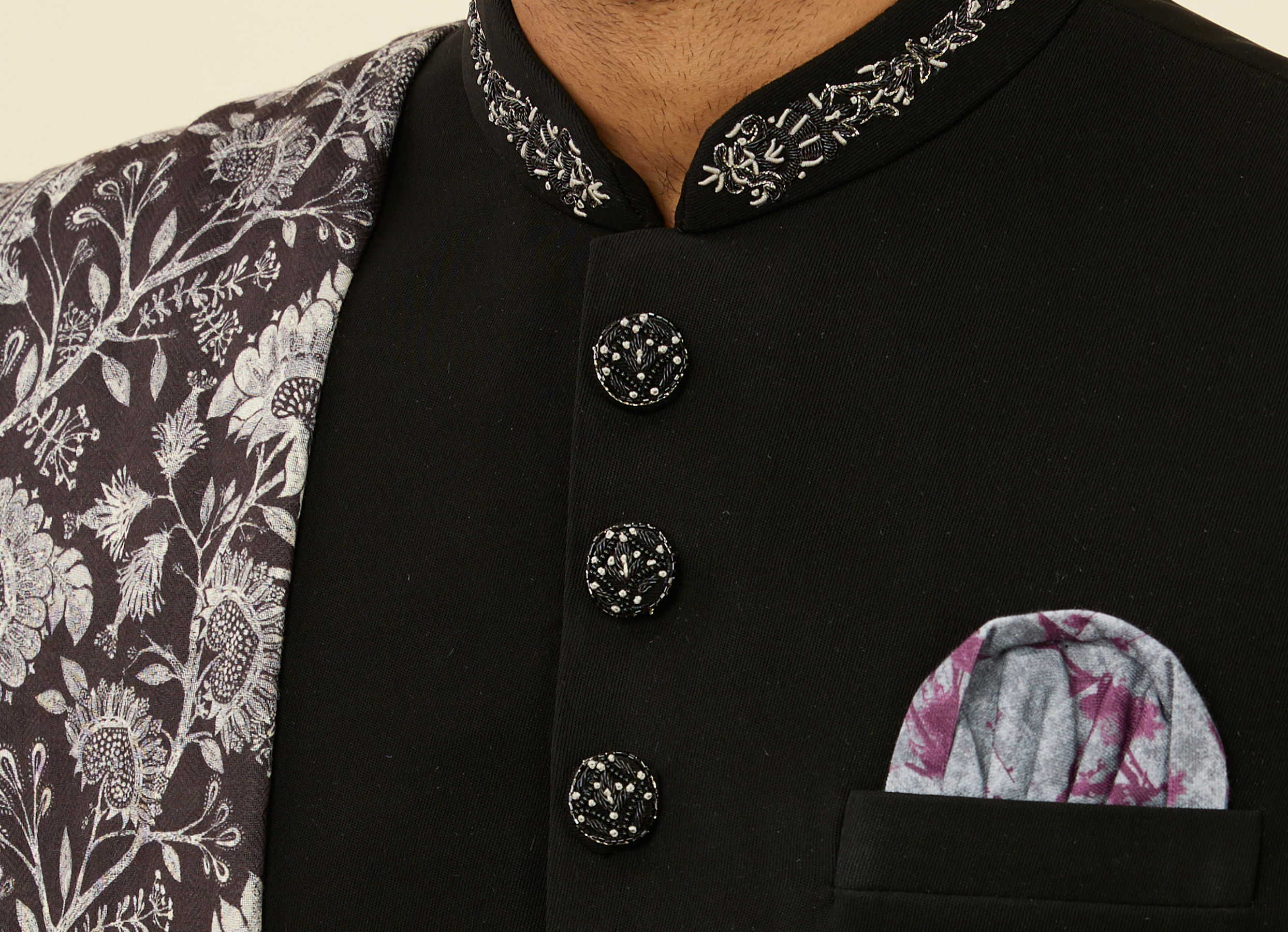 Twamev Men Classic Black Achkan Style Indo Western Set with Kalamkari Printed Stole