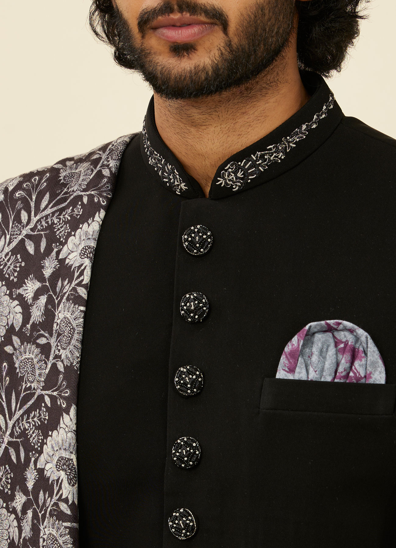 Twamev Men Classic Black Achkan Style Indo Western Set with Kalamkari Printed Stole